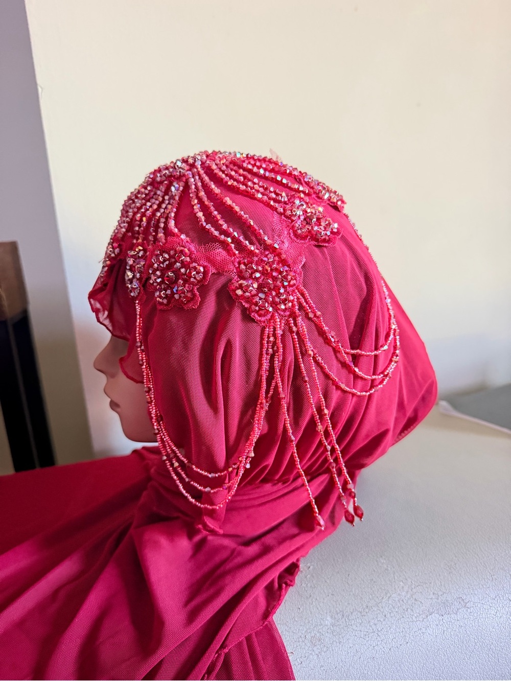 Embellished Beaded Hijab Scarf in Burgundy